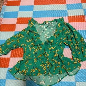 Skies Are Blue Green Floral Blouse